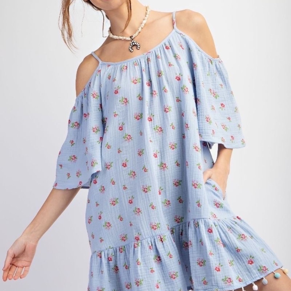 New Easel Cold Shoulder Dress Pom Pom Trim Ruffle Gauze Blue Floral Pockets - Picture 11 of 12